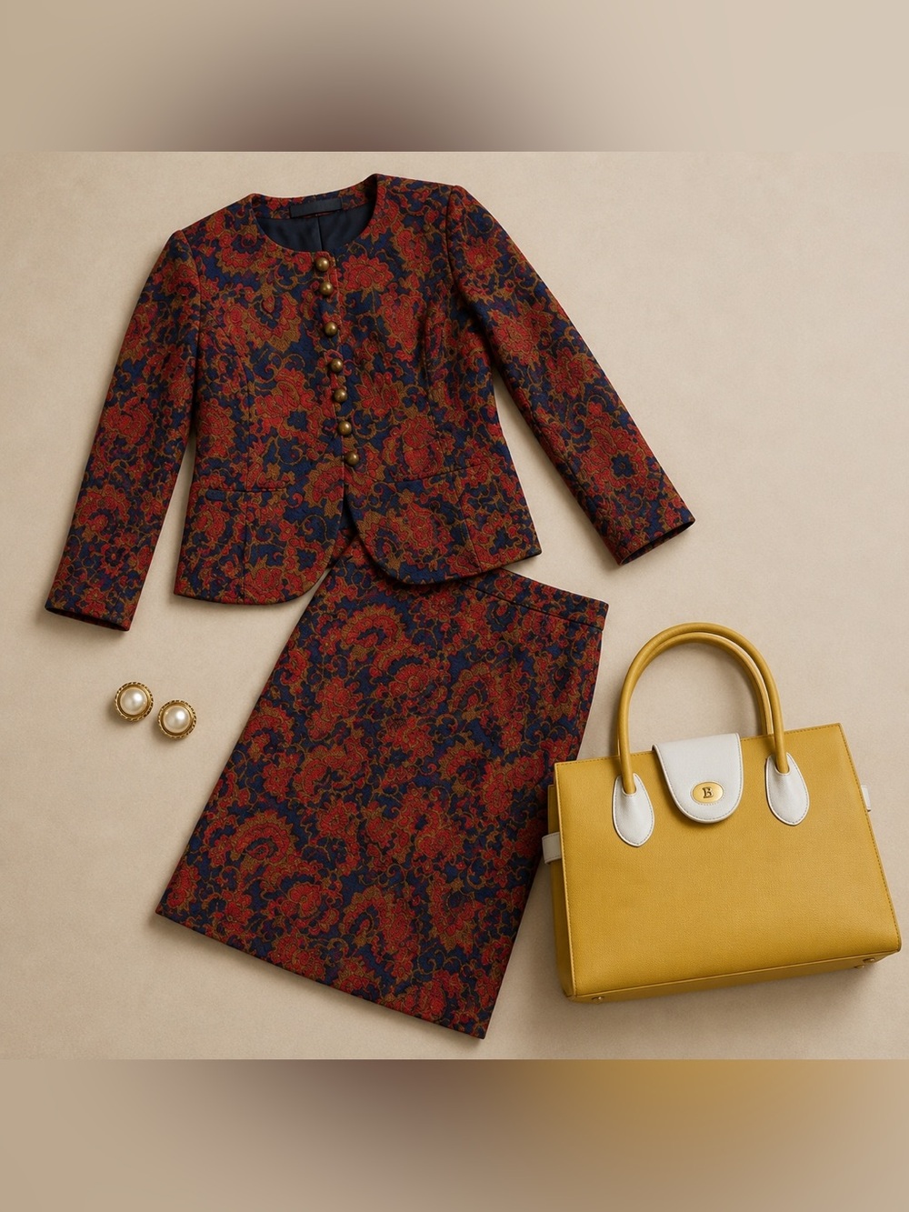 Vintage 1960s Poupée Rouge Paisley Skirt Suit Bally Bag Earrings Capsule
